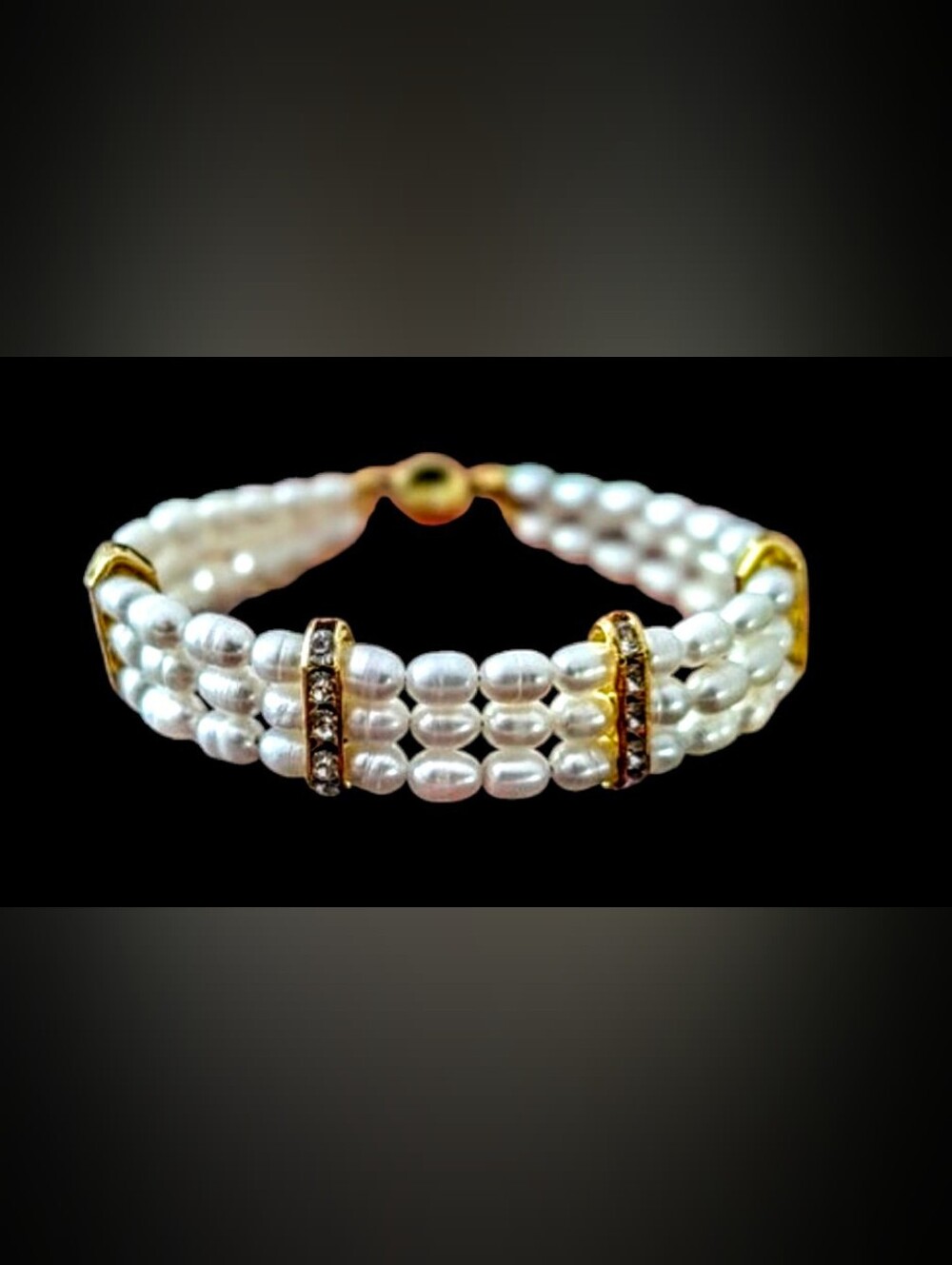 Triple-Row White Pearl Bracelet with Golden Crystal Spacers Accents